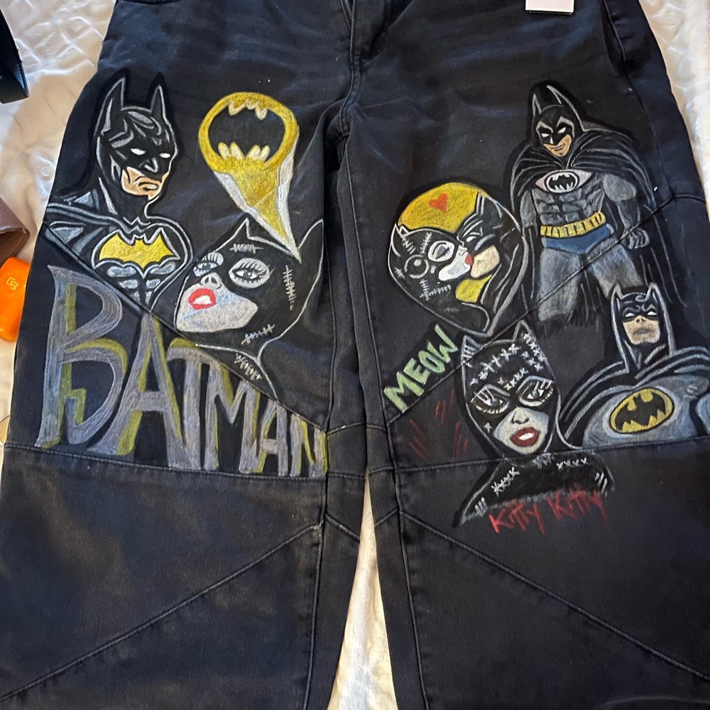 Hand Painted Batman and Cat Woman Themed Woman’s Jeans